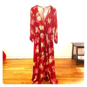JUSTFAB RED FLORAL LONG SLEEVE DRESS